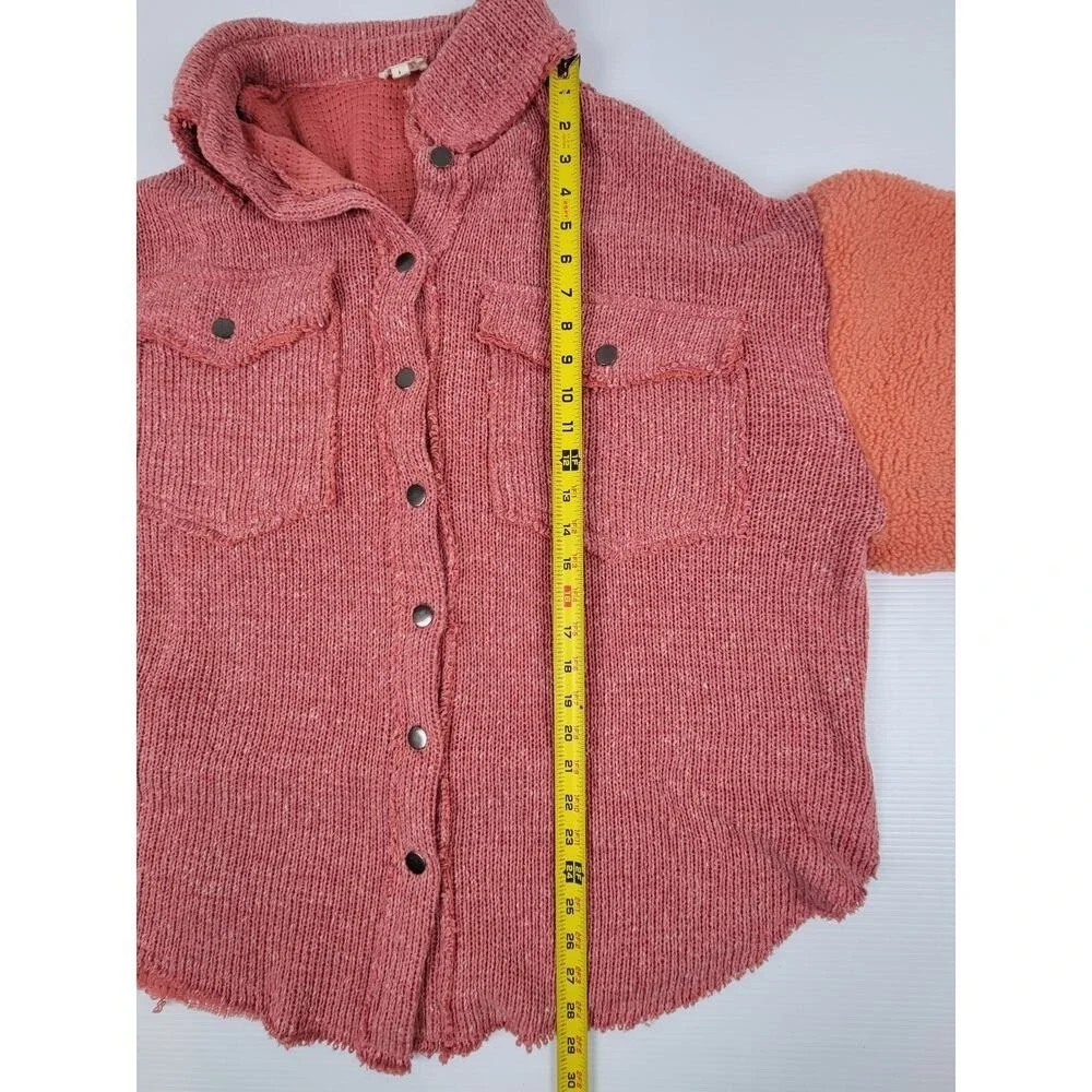 RARE POL Womens Large GKJ5 Fleece Knit Lightning Pink Button Sweater Jacket - Picture 10 of 13